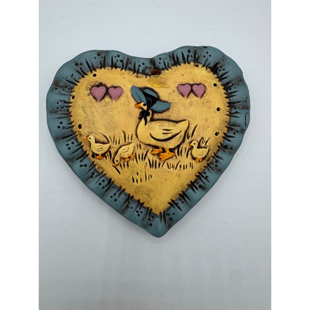 Vintage Keypoint Hand Painted Ceramic Heart Goose Wall Hanging Plaque Decor